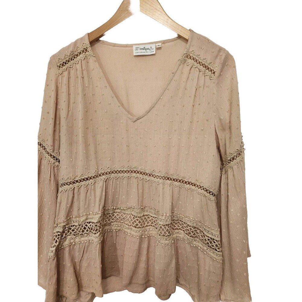 JJ BOUTIQUE Womens Top Small Tan CROCHET LACE Trim Pullover Bell Sleeve  V-Neck